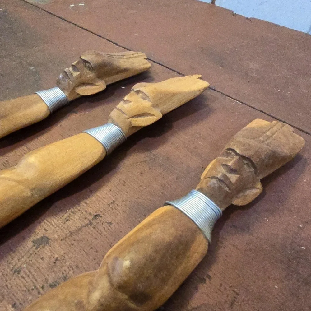 Vintage Hand Carved Wooden Utensil Set Tribal African Decor Art Spoon Fork